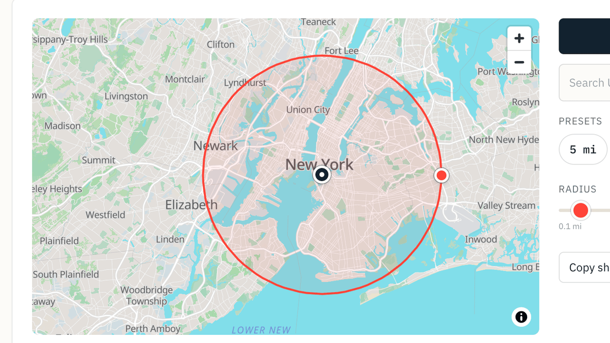 A 10-mile radius drawn on the radius map tool centered on Manhattan, New York — the red ring extends across the Hudson to Newark and Elizabeth on the west and out through Brooklyn to Valley Stream on the east, over real street detail.